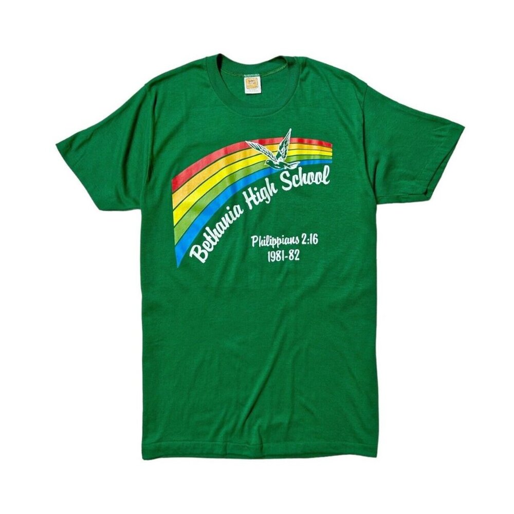 80s Vintage Bethania High School T-shirt Single Stitch Rainbow Dove Bible.